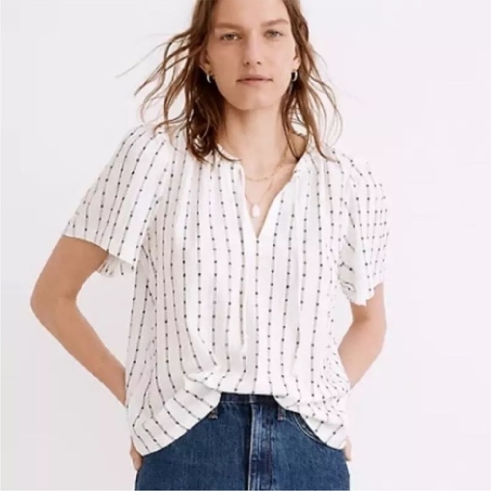 Madewell Tie-Neck Embroidered Stripe Tunic Top in Black & White Boho Women's 4X